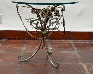 Vintage Italian Glass Top Round Side Table with Gilt Metal Roses Base