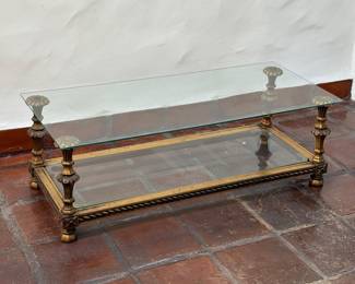 Carved Gilt Wood Italian / French Coffee Table  with Glass Top and Shelf  15.5"H x 20.5"W x 47.5"D