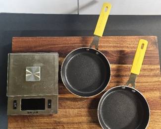 Teak Wooden Cutting Board 2x Quisanart Omelette Pans Salter Digital Food Scale