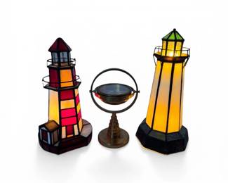 34 TiffanyStyleLighthouseLampsBrassGimbalCompass