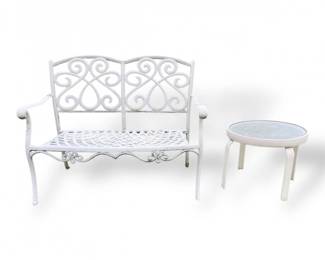 56 CastIronPatioLoveseatwGlassTopSideTable