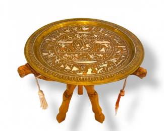 8 EtchedBrassTrayonCarvedWoodCamelBaseTable
