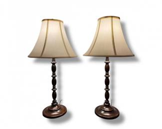 15 PairWoodBaseTableLampswCreamColoredFabricShades