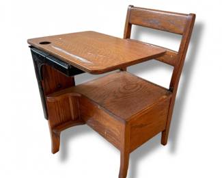 98 AntiqueChildsSchoolDeskwWoodSeatDrawerMetalBookBox