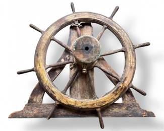 122 LargeWoodenShipwreckSalvagedShipWheelonStand