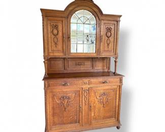 83 AntiqueWalnutBuffetHutchwCenterMirrorCarvedPanels