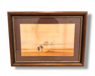 21 FramedDesertOasisArtworkwCamelFiguresSigned