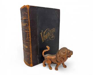 58 1906LeatherBoundAntiqueVitalogyBookwCastMetalLionFigurine