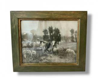 80 FramedPastoralFarmSceneArtworkWomanwSheepCows