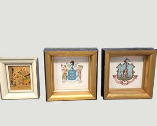 3139Collection of 3 Miniature Framed Prints  Heraldic Crests  European Street Scene