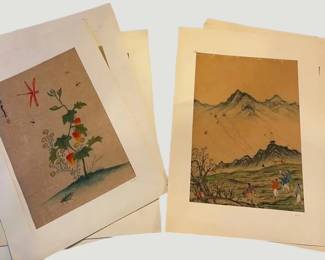 2105Set of 8 Chinese Landscape  Botanical Prints on Rice Paper  Matted Asian Art Collection