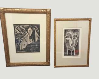 3144Pair of Framed Black  White Art Prints  Architectural Scene  Stylized Portrait