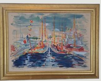 3106Signed Berea Framed Art Print  Harbor Scene  Image Approx. 20 x 30  No Reserve
