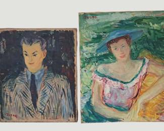 3120Dimitrie Berea Original Oil Portrait Paintings on Canvas  Pair of Signed MidCentury Works