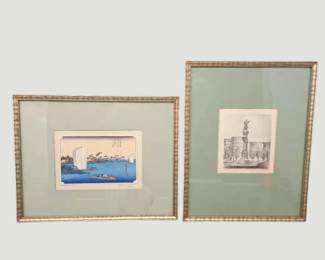 3141Pair of Framed Prints  Japanese Harbor Scene  Monument Etching