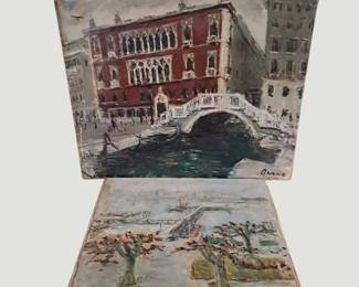 3124Dimitrie Berea Original Venice  Landscape Oil Paintings on Canvas  Two Unframed Works