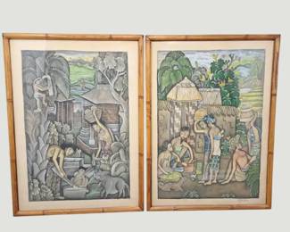 3142Pair of Framed Prints  Japanese Harbor Scene  Monument Etching