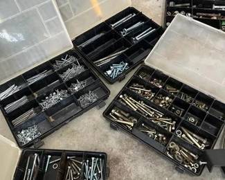Five Trays Of Bolts Screws, Nails And More Mixed group of screws, nails, and divider trays with lids