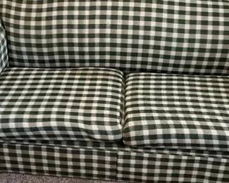 Small Country Loveseat green plaid checkered skirted sofa 73 inches long 36 inches deep 28 inches tall (the base of the sofa has been replaced).
