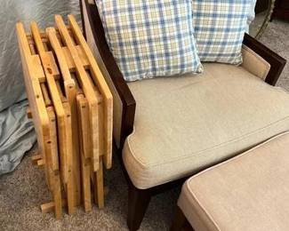 Beautiful side chair with ottoman (opens for starage) and four TV dinner trays with accent pillows Pet free smoke free