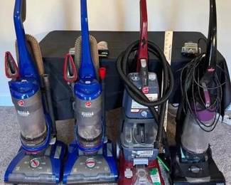 Group Of Three Vacuum Cleaners, And One Carpet Cleaner Two Hoover vacuums one Hoover carpet cleaner. In working condition has been tested needs cleaning.