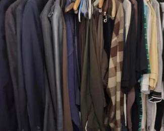 Large group of men’s suits, jackets, miscellaneous T-shirts and polos. Appx 44 jackets; pants - 36 x 30 Smoke free pet free