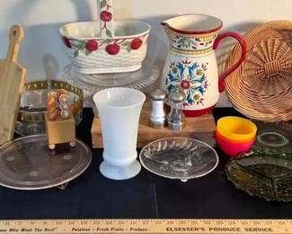 Eclectic Group Of Kitchen Decor Miscellaneous group of glass and ceramic kitchen decor, including milk glass, depression glass, and more