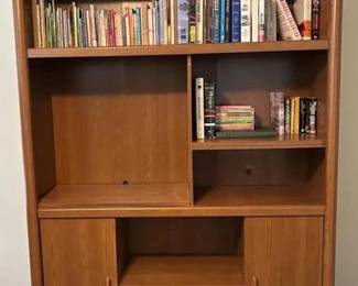 53 inches long 17 inches wide 70 inches tall - can fit a small TV, has two extra shelves not shown - all books are included (mix of authors, age group and interests)