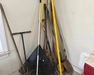Miscellaneous Grouping Of Shovels, Rakes, And Other Hand Tool Equipment A lot of yard tools