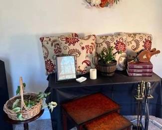 Beautiful Bombay nesting tables, side table, decorative books, fireplace tools, antique hand carved rocking chair (needs repairs) and more!