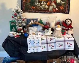 Christmas Extravaganza Part Two Two nativity sets, nativity tapestry, pillows, ornaments, kitch, linens and more