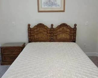 Five piece bedroom set: queen bed, dressers, one nightstand and one decorative art print dresser with mirror: mirror is 31 x 50