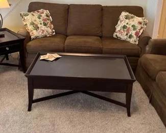 Sofa and loveseat are craft master side tables and coffee table are Broyhill. small sofa is 52 inches long 36 inches deep 37 inches tall. large sofa is 77 inches long 36 inches deep 37 inches high. coffee table it’s 47 1/2 inches long 23 inches wide 19 inches tall. includes two side tables each 23 inches long 27 inches deep and 23 inches tall. two matching lamps that are included with lampshades - both work. Pet free smoke free