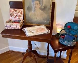 Entryway Delight Beautiful entry table, nesting table, light, ephemera, sewing kits, and more