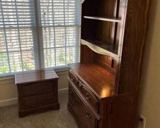 Dresser is 35 inches long 18 inches wide and 40 inches tall. nightstand is 24 inches long by 16 inches wide by 22 inches tall. bookcase is two pieces with a working light. The bottom piece is 40 inches long 18 inches deep and 30 1/2 inches tall the top shelf piece is 40 inches long 10 inches deep and 46 1/2 inches tall. Pet free smoke free