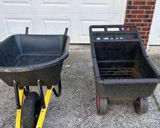 A versatile two-piece set for property maintenance, hauling, and landscaping projects. This lot includes: • Sears Poly Utility Cart: A durable, black molded-poly cart with two wheels. Features an integrated handle with a built-in organizer tray, perfect for keeping hand tools or a water bottle nearby while you work. Great for stable, balanced hauling. • Truper Poly Wheelbarrow: A traditional single-wheel wheelbarrow featuring a rugged yellow poly tray and matching yellow handles. Excellent for maneuvering in tighter garden spaces or dumping mulch and soil precisely.