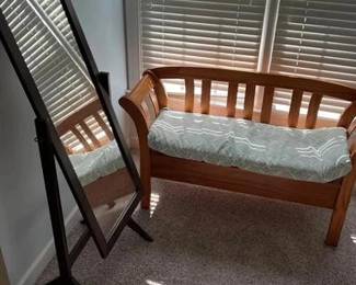 Just Getting Started Bedroom Lot Bedroom set up perfect for college student or just getting started with six pieces! desk with modern silver base small drawer 35 inches wide 19 1/2 inches deep 29 inches tall. double bed with headboard 55 inches wide with platform no boxspring. tall dresser 28 inches long by 14 inches deep by 36 inches tall. window bench with storage and cushion 55 inches long 18 inches deep and 29 inches tall. large chest is 40 inches long 19 1/2 inches deep and 47 1/2 inches tall - also comes with nightstand Pet free smoke free