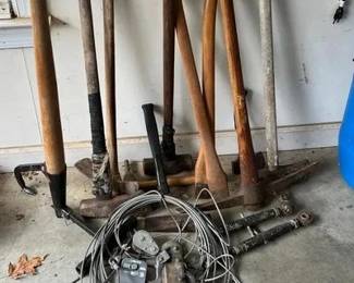 Various Lot Of Axes, Hand Tools, And Pulley Miscellaneous grouping, axes, etc.