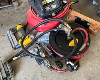 Craftsman 3 Gallon 100 Psi Air Compressor And Accessories Along With Dewalt Nail Gun And Sander In working condition