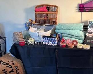 Bathroom Essentials Bathroom essentials lot with vanity chair, candle wax warmer, stethoscope, linens, conair hairdryer, and foot sp