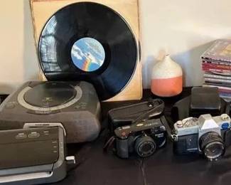 Canon prima Zoom Camera, mamiya/sekor camera, CD players and records