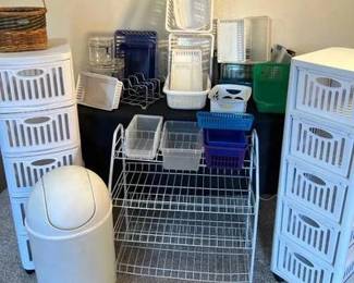 Household Storage Lot Large lot of different storage containers, baskets, trashcan, and more! perfect for playrooms, school rooms, drawer organization, etc.
