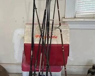 Fishing Lot With Tacklebox And Coolers Six+ fishing poles with two coolers and tacklebox