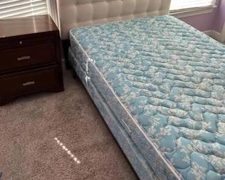 LY wood furniture made in Malaysia. long dresser 64 inches long by 16 1/2 inches deep by 37 inches tall. double bed with older but clean mattress and boxspring. upholstered headboard 55 inches long by 38 inches tall. nightstand is 26 inches long 16 1/2 inches deep and 28 inches tall. Pet free smoke free