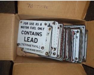 Vintage porcelain signs; total of 67 of same sign in box; 