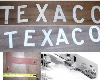 Right and Left Side Raised 8” Tank Porcelain steel Letters from 1950’s Texaco Truck with Original Back Screw Mounting System Used on Pickup Side Racks 