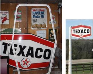 7' x 4" x 4' 5" Vintage Hexagonal Texaco Side-mount sign with steel ring; no post as shown in right phone