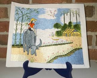 Vietnamese Silk Embroidery of a Child Riding a Water Buffalo