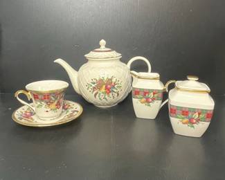 Lenox Holiday Tartan Creamer, Sugar Bowl, Teapot, and Teacup with Saucer