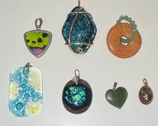 Assorted Pendants: Dichroic Glass, Jade, and Wire-Wrapped